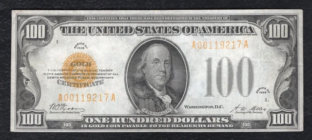 Fr. 2405 1928 $100 One Hundred Dollars Gold Certificate Note Very Fine+