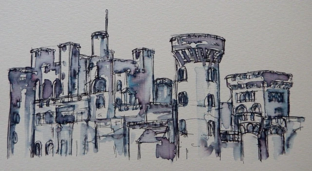 ORIGINAL PEN & ink wash drawing of Penrhyn Castle Wales on watercolour ...