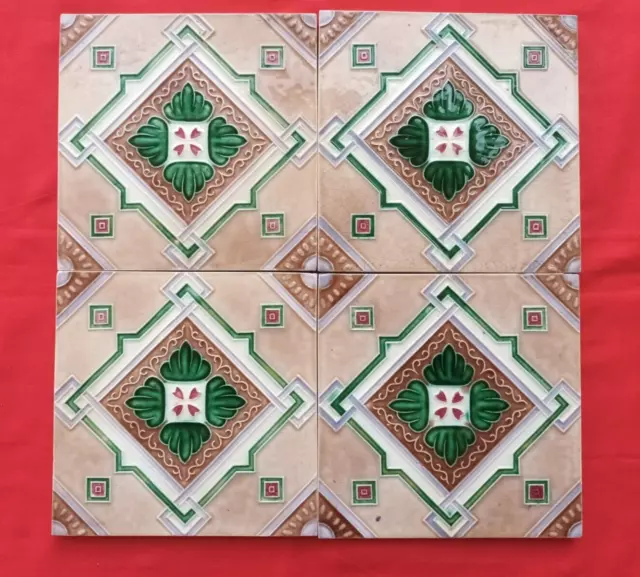 4 Piece Old Art Floral Embossed Design Majolica Ceramic Tiles Japan 0274