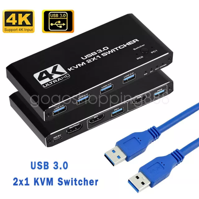 4 Port USB 3.0 HDMI KVM Switch Box 4K 2 in 1 out for PC Mouse Keyboard Sharing