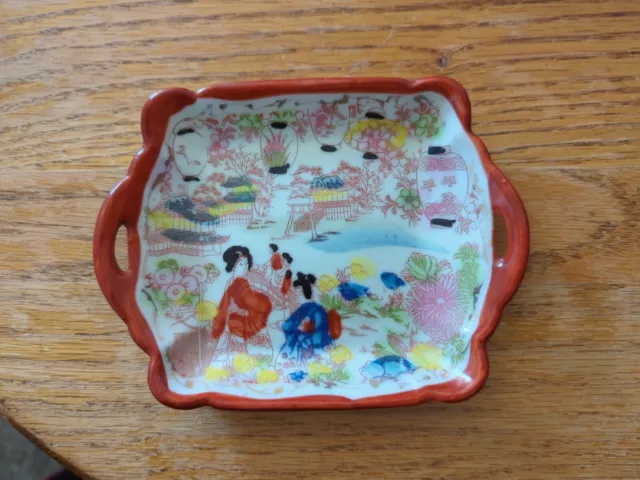 Japanese Geisha Ware Porcelain Open Handle Square Edge Dish  Japan Handmade