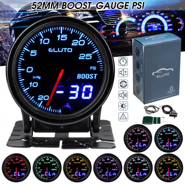 Car Turbo Boost Gauge 2" 52mm PSI Meter Analog/Digital 7 Colors LED Du