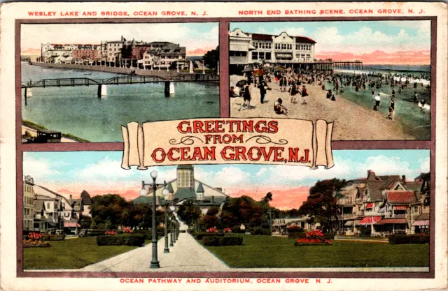 Vintage 1920's Bathing Scene Greetings From Ocean Grove New Jersey NJ Postcard