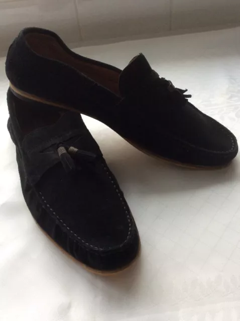 River Island mens Black Suede Tassle Loafers, slip on, size UK 11 (46)  VGC