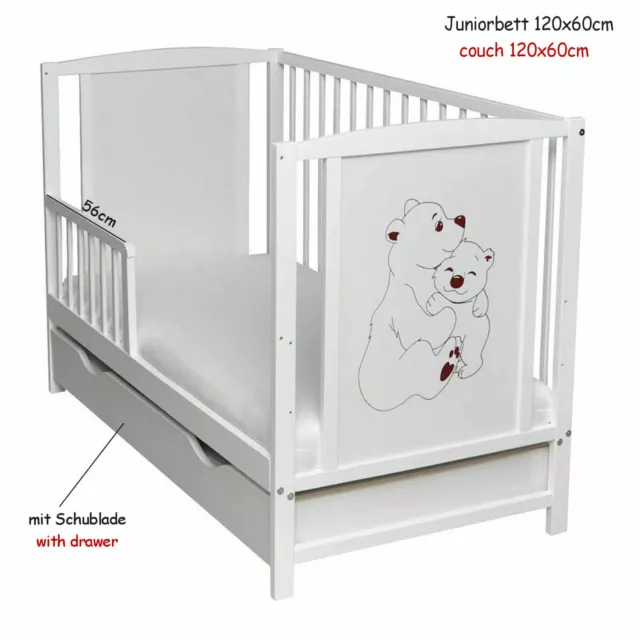 Babybett Kinderbett Juniorbett 2in1 weiß 120x60 Bärchen Schublade Matratze NEU 3