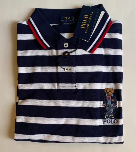 $138 NWT Mens Polo Ralph Lauren Preppy Bear Custom Slim Fit Striped Mesh Shirt