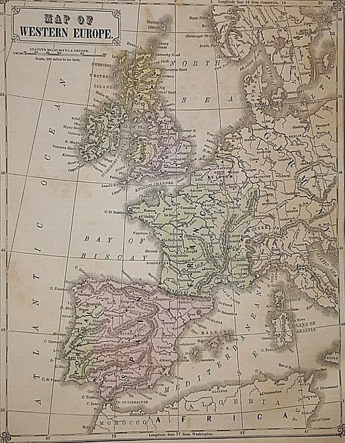 Old Antique 1860 H. COWPERTHWAIT Map ~ WESTERN EUROPE - GERMANY SPAIN FRANCE