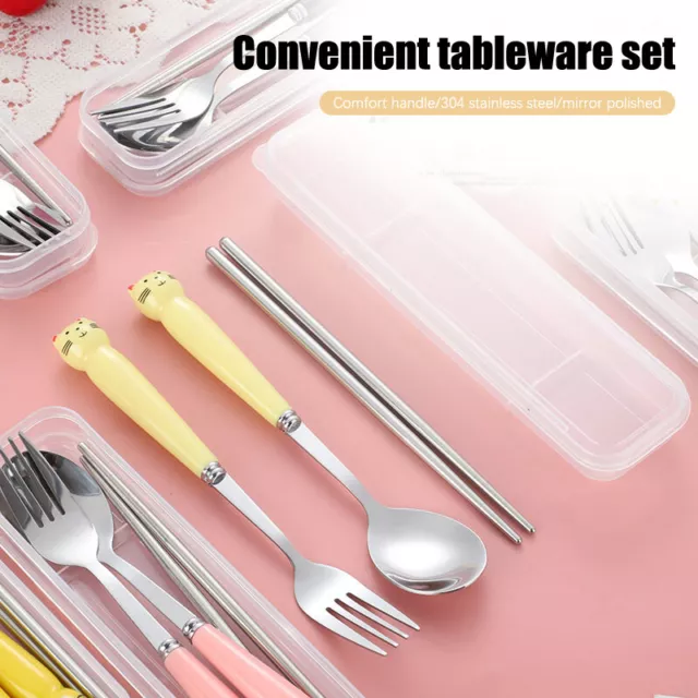1Set Cute Cartoon Travel Tableware With Case Portable Stainless Steel Utensils