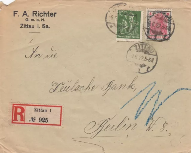 Deutsches Reich Brief mit Nr. 153 + 187 von Zittau nach Berlin W8 vom 09.06.1922