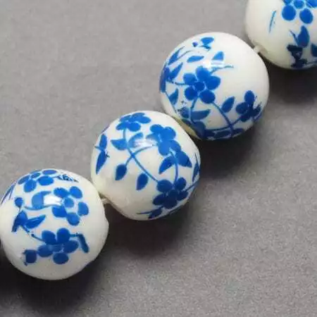20 x handmade flower floral 8mm porcelain ceramic beads, blue & white, 2mm hole