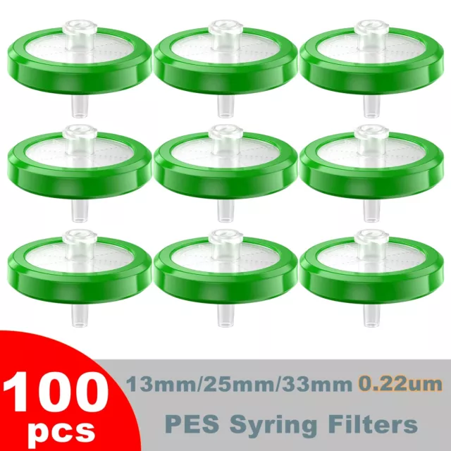100Pcs PES Syringe Filter 13mm/25mm/33mm 0.22um Micron Membrane Hydrophilic Lab