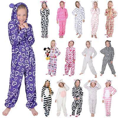 Girls Fleece All In One Piece Pyjamas Jump Sleep Suit PJ Hooded Nightwear