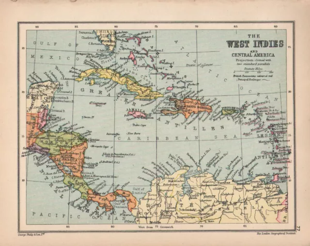 1934 Map ~ West Indies ~ Central America Cuba Jamaica Bahamas Haiti