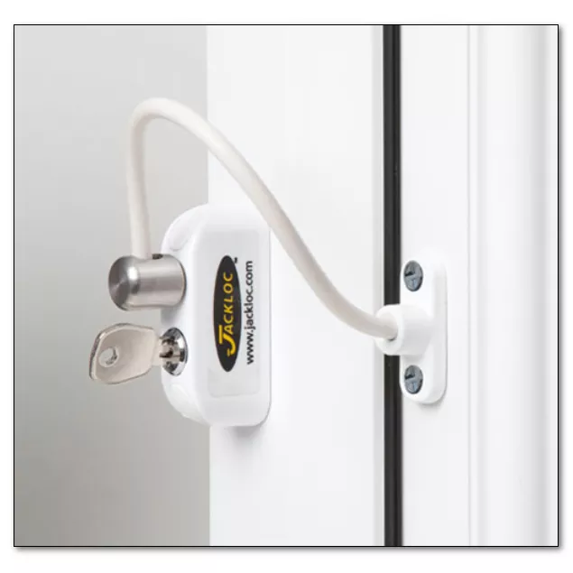 Restricteur de fenêtre de câble Jackloc 200 mm pour sécurité des enfants UPVC avec serrure à clé blanche
