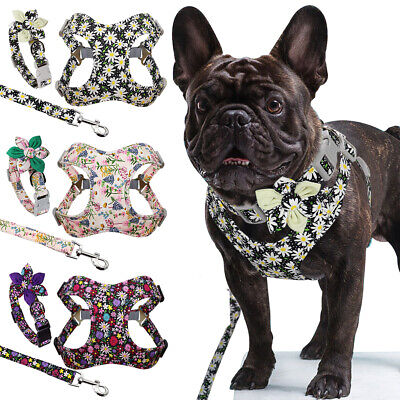 Floral Dog Harness Collar and Leash set Adjustable Puppy French Bulldog Walking