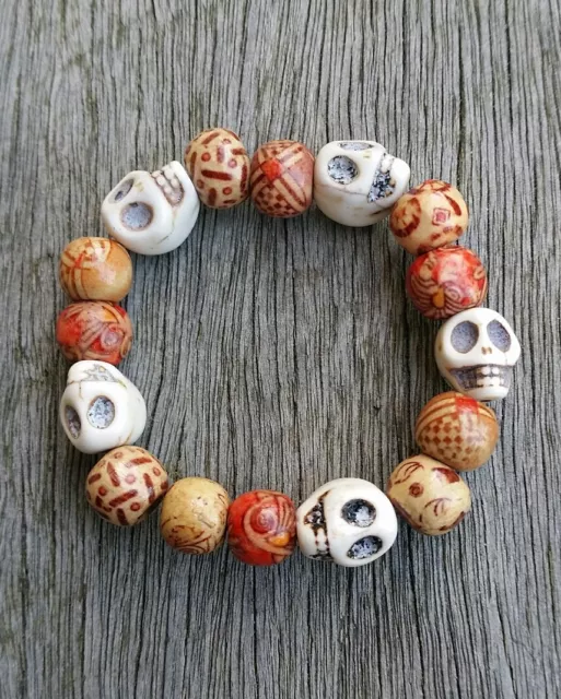 Halloween Day of the Dead Skull Wooden Tribal Kids Adult Bead Bracelet Jewellery