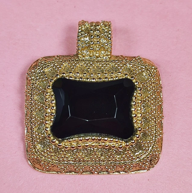 Rare VTG Statement Large Gold Tone Pendant Black Glass Stone Faceted MCM Square