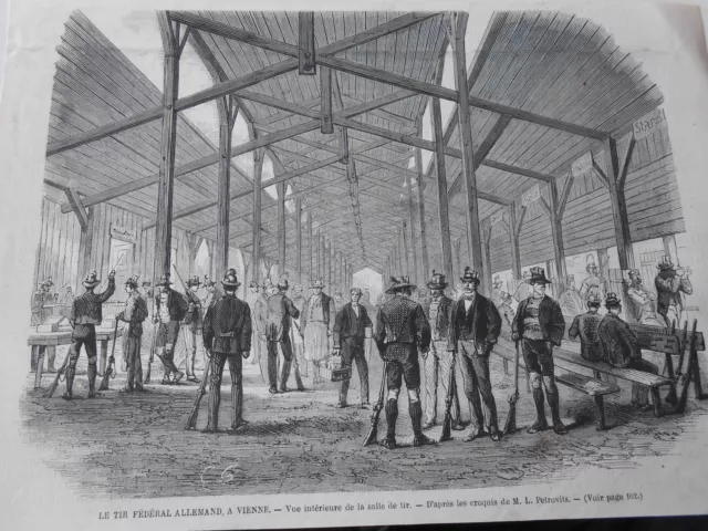 Gravure 1868 - Le Tir fédéral Allemand à Vienne vue de la salle de tir