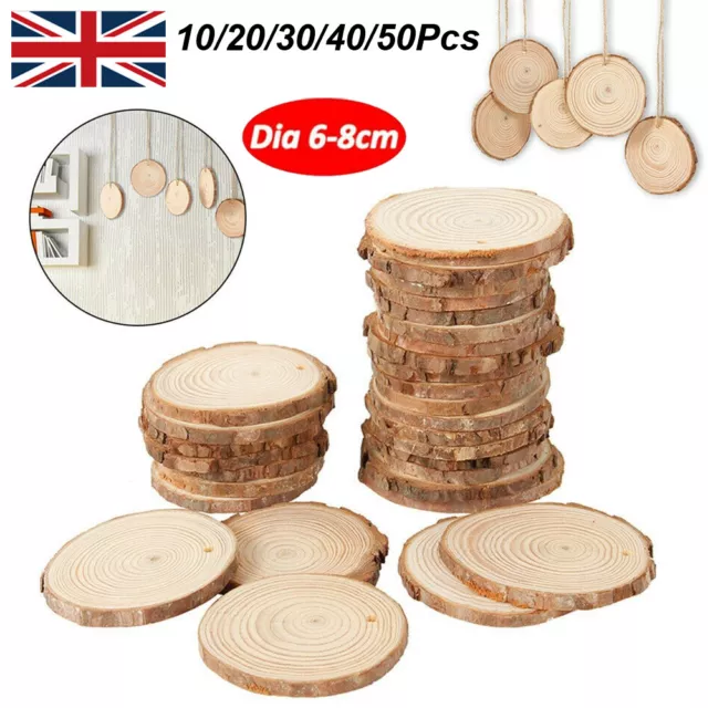 10-50x Natural Wood Slices 6-8cm Unfinished Predrilled Log Discs Wooden Circles