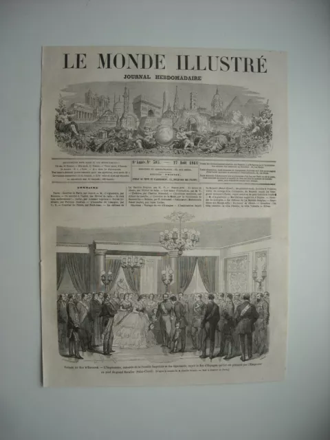 GRAVURE 1864. VOYAGE DU ROI D’Espagne. L’IMPERATRICE, ENTOUREE DE LA FAMILLE IMP