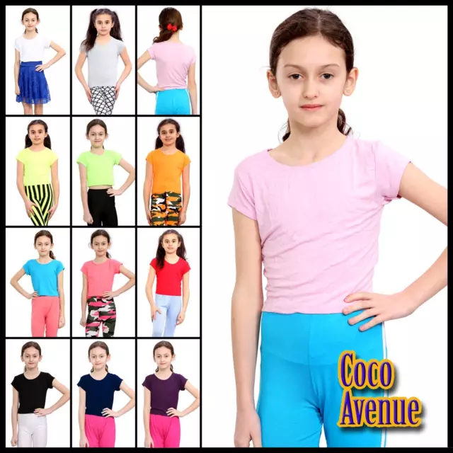 Kids Short Sleeve Crop Top Girls Plain Stretchy Summer Basic T-Shirt 3-13 Years