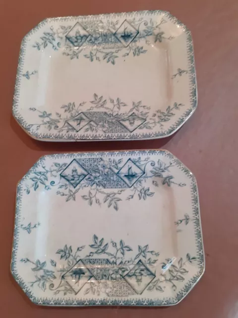 ONE CHANCE ONLY! 2 Antique Serving Platters, Blue And White, Boat Images