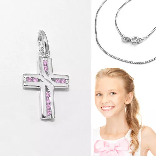 Mädchen Kreuz Anhänge Zirkonia pink Taufe Kommunion Firmung Silber 925 mit Kette