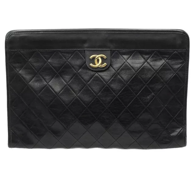 AUTH CHANEL MATELASSE Clutch Bag Lambskin Black Quilted Coco Mark CC ...