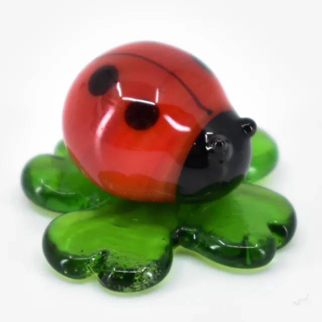 Handmade Ladybug on Clover Tiny Miniature Micro Mini Lampworking Glass Figurine