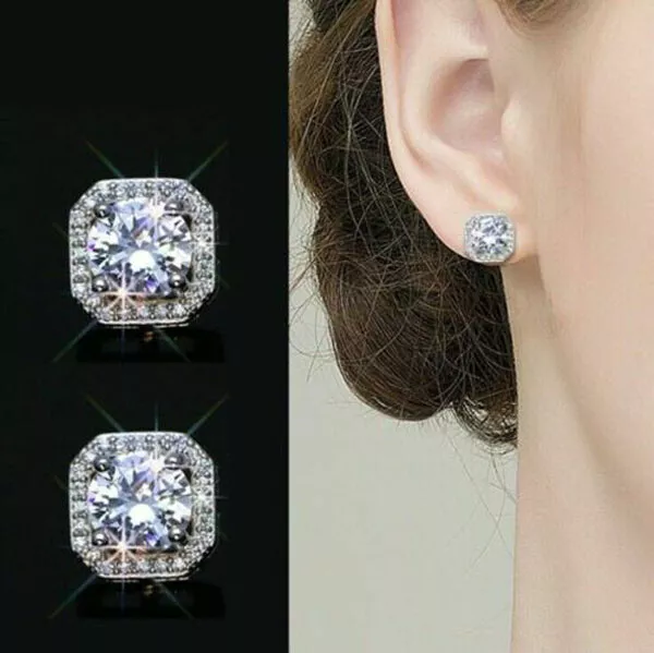 Womens Ladies Solid 925 Sterling Silver Big Cubic Zirconia Square Stud Earrings