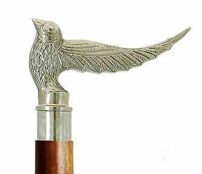 Classic Style Brass Bird Design Silver Handle Brown Wooden Walking Stick Cane