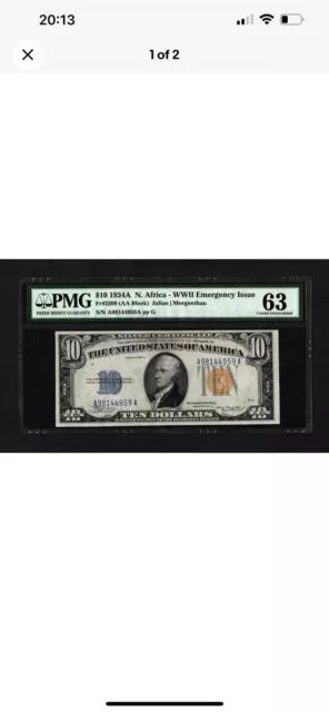 1934 A $10 Ten Dollar Silver Certificate Gold Seal North Africa WWII Note PMG63.