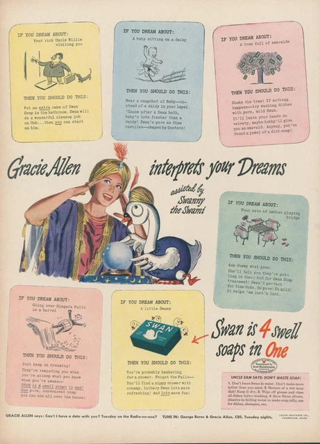 1944 Swan Soap Gracie Allen Interprets Dreams Swanny Swami Vintage Print Ad L6