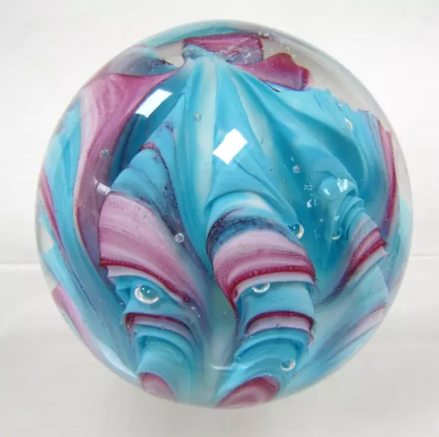 Vintage Blue Pink Bubble Folded Round Glass Paperweight Handblown Clear Base