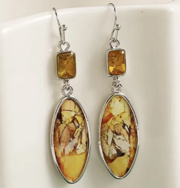 Oval Dangle Hook Earrings Womens Boho Amber Gems & Charm 925 Silver Plated BNWOB
