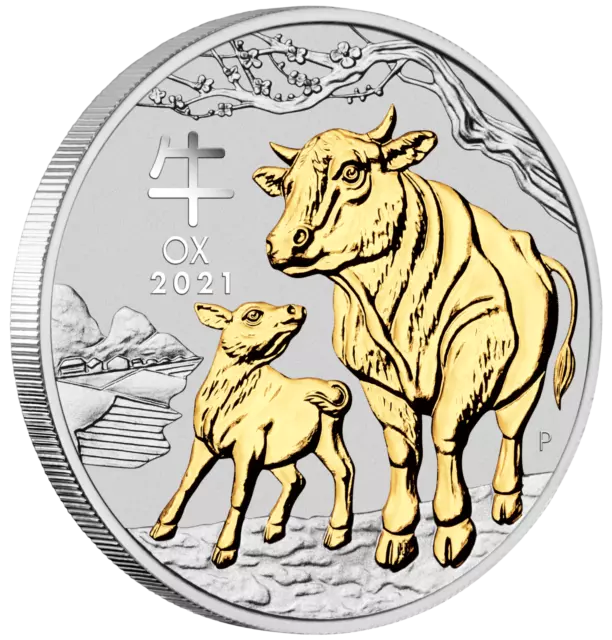 2021 Australia Lunar Year of the OX GILDED 1oz Silver $1 Coin w/ OGP/BOX Gilt
