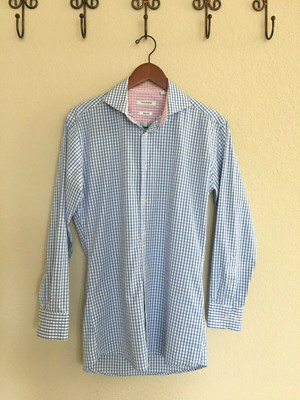Isaac Mizrahi Mens Slim Fit Shirt Sz 15 1/2 Blue Check Spread Collar Long Sleeve