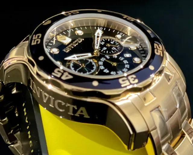 Invicta Men 48mm Pro Diver SCUBA Chronograph Black Dial 18k Gold Plated SS  Watch