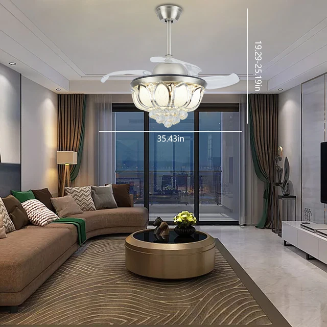 36& INVISIBLE CRYSTAL Chandelier Ceiling Fan Light Retractable Blade 3