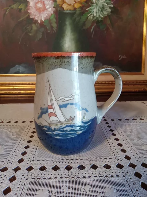 Vintage Handcrafted Sailboat Stoneware Mug Otagiri Japan