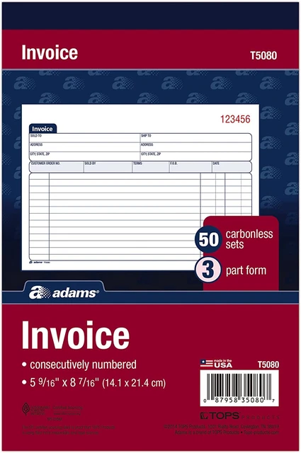 Adams Invoice Book, 3-Part, Carbonless, 5-9/16 X 8-7/16 Inches, 50 Sets per Book