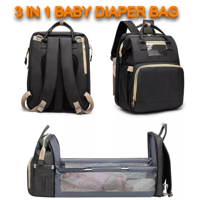 2-in-1 Foldable Diaper Bag & Baby Crib Backpack Nappy Mummy Bags For Mom Dad US