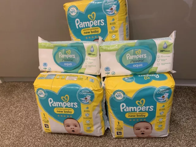 x 5 Pampers New Baby Premium Protection Size 1 Nappies Carry Pack 22 - TOTAL 110