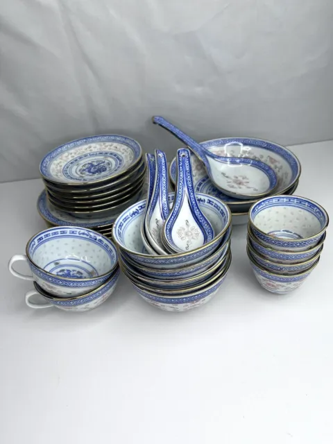 Vintage Chinese Rice Flower Dragon Bowls Plates mugs Saucers Spoon 28 Piece Set