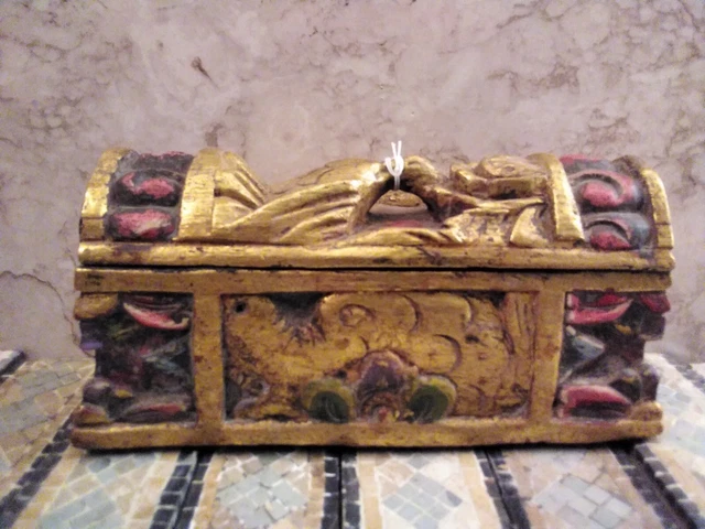 Antique Asian Wood Hand Carved/Painted Storage Box