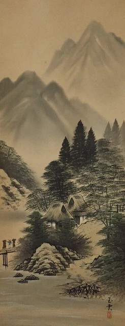 F0991 Japanese Hanging Scroll KAKEJIKU Vintage Hand Paint Silk Landscape
