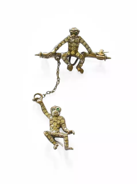 Antique Early 20th Century Emerald Eyes Monkey Swinging Silver Pin with Box