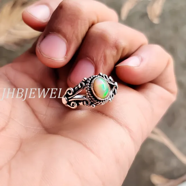 Ethiopian Fire Opal Gemstone Ring 925 Sterling Silver Boho Engagement Jewelry