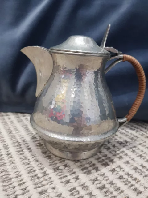 English Pewter Hammered Teapot Wicker Handle