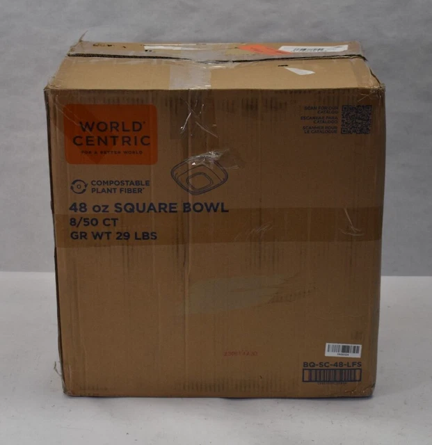 Lot of 400 World Centric Unbleached Plant Fiber Compostable 48 oz Square Bowls
